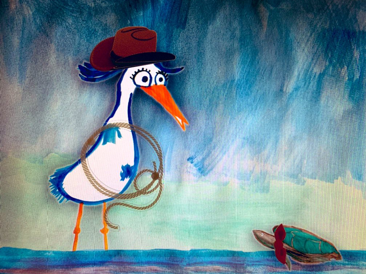 Water color by Jennifer Anyong including a great blue heron in a cowboy hat and a lasso and a turtle with a hankerchief