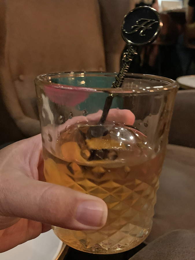 An Old Fashioned in a beautiful crystal glass at the Hamilton Superette in Oklahoma City